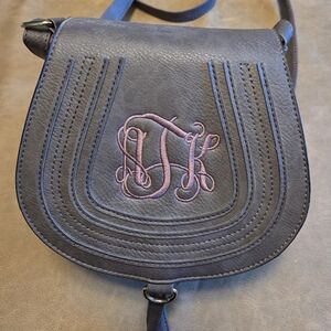 Chloe Marcie Small Charcoal Pebbled Leather Crossbody Bag w/ Lavender Stitching